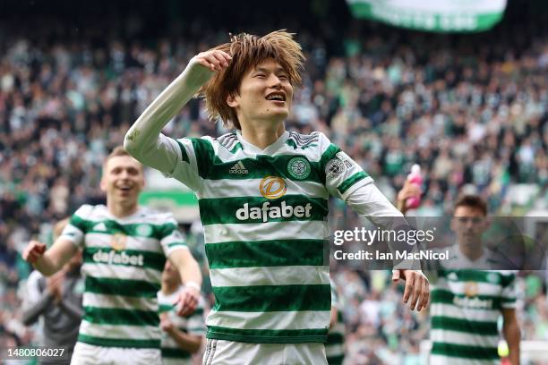 Kyogo Furuhashi of Celtic celebrates victory after the Cinch Scottish Premiership match between Celtic FC and Rangers FC at Celtic Park on April 08,...