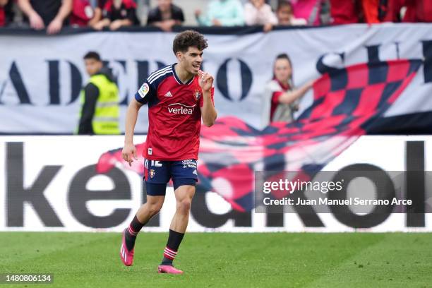 Abde Ezzalzouli of CA Osasuna celebrates after scoring their sides second goal during the LaLiga Santander match between CA Osasuna and Elche CF at...