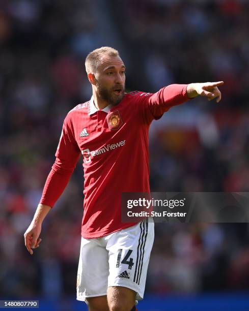 Christian Eriksen of Manchester United makes a point in his comeback game during the Premier League match between Manchester United and Everton FC at...