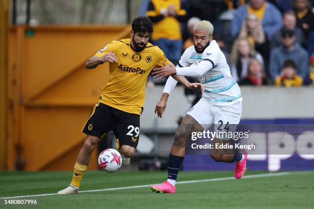 Diego Costa of Wolverhampton Wanderers is challenged by Reece James of Chelsea during the Premier League match between Wolverhampton Wanderers and...