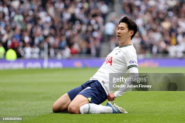 Son Heung-Min of Tottenham Hotspur celebrates after scoring the team's first goal during the Premier League match between Tottenham Hotspur and...