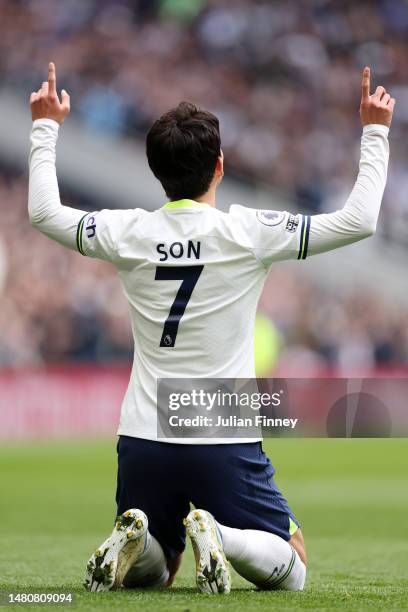 Son Heung-Min of Tottenham Hotspur celebrates after scoring the team's first goal during the Premier League match between Tottenham Hotspur and...