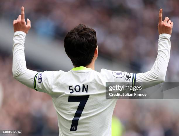 Son Heung-Min of Tottenham Hotspur celebrates after scoring the team's first goal during the Premier League match between Tottenham Hotspur and...