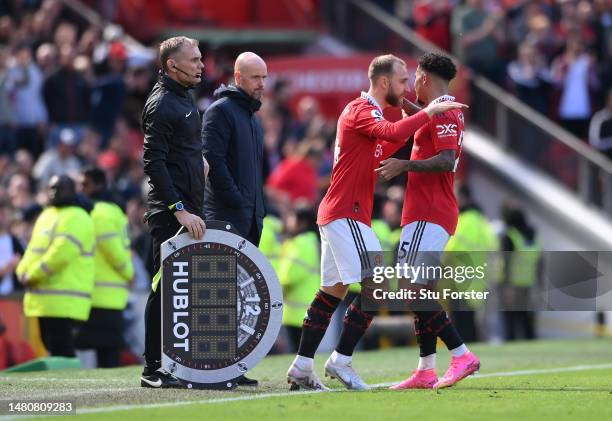 Christian Eriksen of Manchester United comes on as a substitute to make his comeback game during the Premier League match between Manchester United...