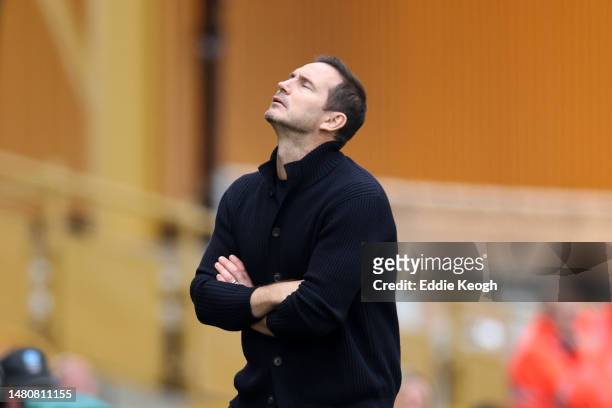 Frank Lampard, Caretaker Manager of Chelsea, looks dejected during the Premier League match between Wolverhampton Wanderers and Chelsea FC at...