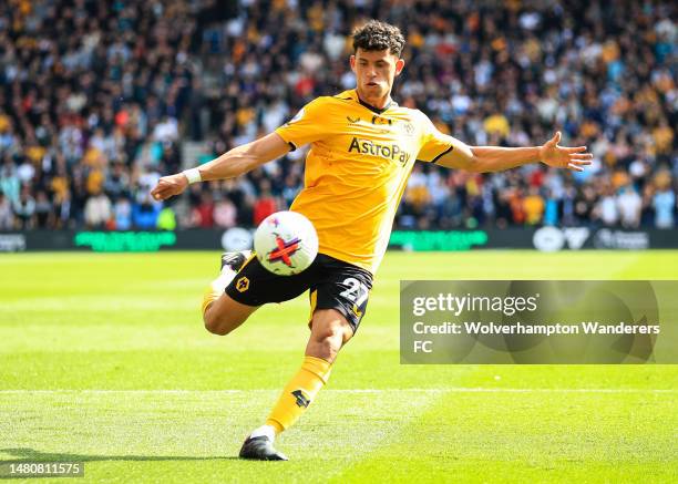 Matheus Nunes of Wolverhampton Wanderers controls the ball during the Premier League match between Wolverhampton Wanderers and Chelsea FC at Molineux...