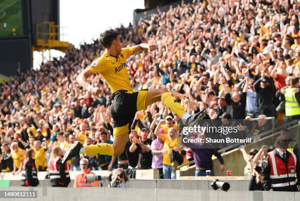 Matheus Nunes of Wolverhampton Wanderers celebrates after scoring the team's first goal during the Premier League match between Wolverhampton...