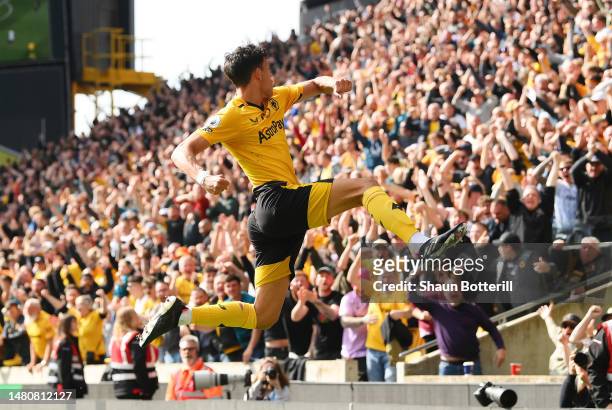 Matheus Nunes of Wolverhampton Wanderers celebrates after scoring the team's first goal during the Premier League match between Wolverhampton...