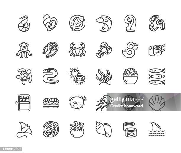 seafood line icons editable stroke - shrimp stock illustrations