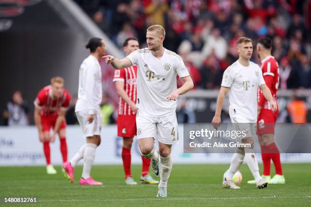 Matthijs de Ligt of Bayern Munich celebrates after scoring their sides first goal during the Bundesliga match between Sport-Club Freiburg and FC...