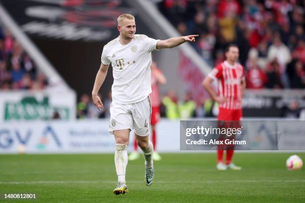 Matthijs de Ligt of Bayern Munich celebrates after scoring their sides first goal during the Bundesliga match between Sport-Club Freiburg and FC...