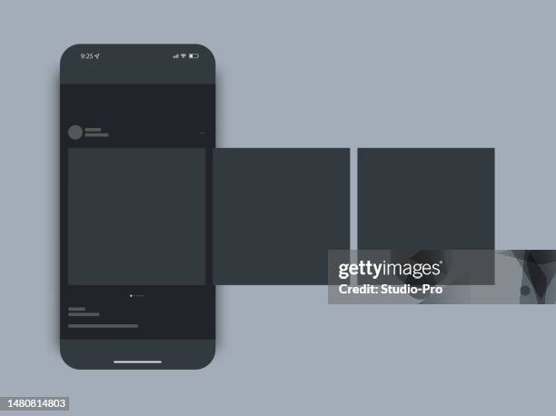 stockillustraties, clipart, cartoons en iconen met social network post mockup dark theme. ui template dark design for smartphone similar to iphone with app slider - draaimolen