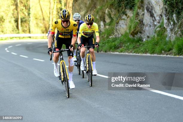 Steven Kruijswijk of The Netherlands and Team Jumbo – Visma, Enric Mas of Spain and Movistar Team and Jonas Vingegaard of Denmark and Team Jumbo –...