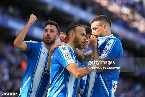 Martin Braithwaite of RCD Espanyol celebrates with teammates after scoring the team's first goal which was later disallowed during the LaLiga...