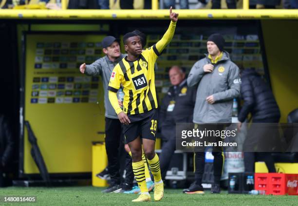 Youssoufa Moukoko of Borussia Dortmund celebrates after scoring their sides second goal during the Bundesliga match between Borussia Dortmund and 1....