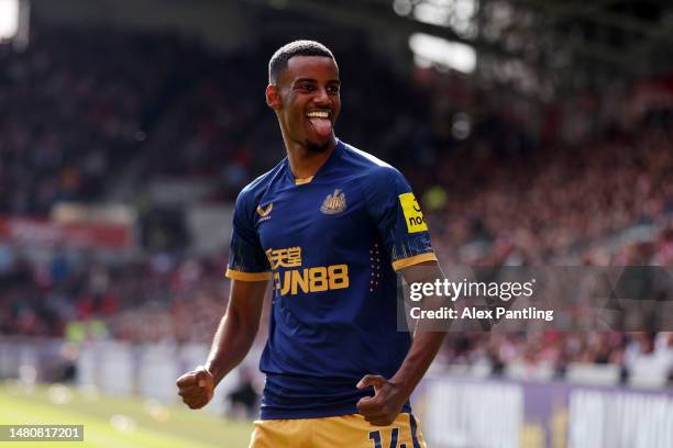 Alexander Isak of Newcastle United celebrates after scoring the team's second goal during the Premier League match between Brentford FC and Newcastle...