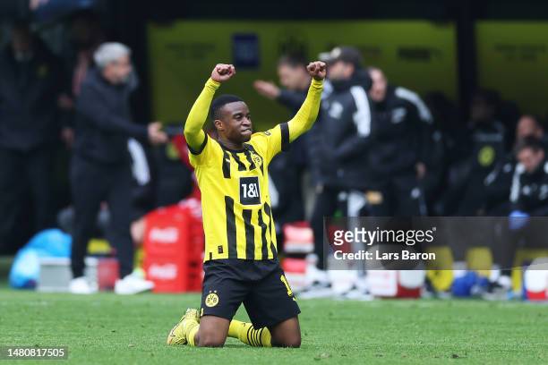 Youssoufa Moukoko of Borussia Dortmund celebrates following their sides victory after the Bundesliga match between Borussia Dortmund and 1. FC Union...
