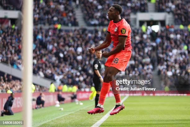 Danny Welbeck of Brighton & Hove Albion celebrates a goal which was later disallowed by VAR during the Premier League match between Tottenham Hotspur...