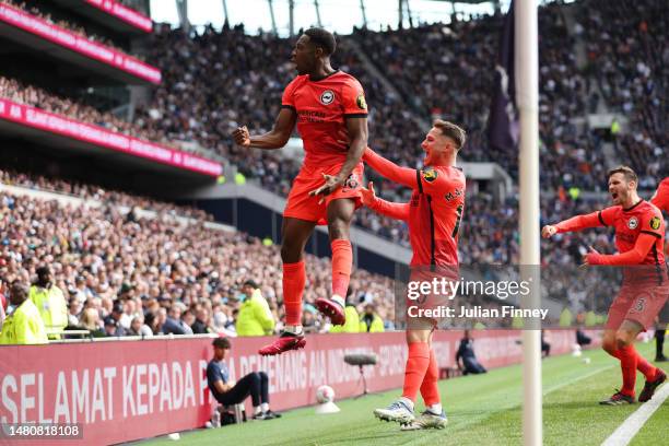 Danny Welbeck of Brighton & Hove Albion celebrates a goal which was later disallowed by VAR during the Premier League match between Tottenham Hotspur...