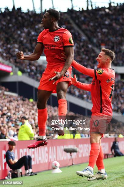 Danny Welbeck of Brighton & Hove Albion celebrates a goal which was later disallowed by VAR during the Premier League match between Tottenham Hotspur...