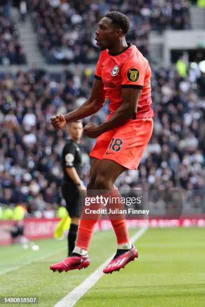 Danny Welbeck of Brighton & Hove Albion celebrates a goal which was later disallowed by VAR during the Premier League match between Tottenham Hotspur...