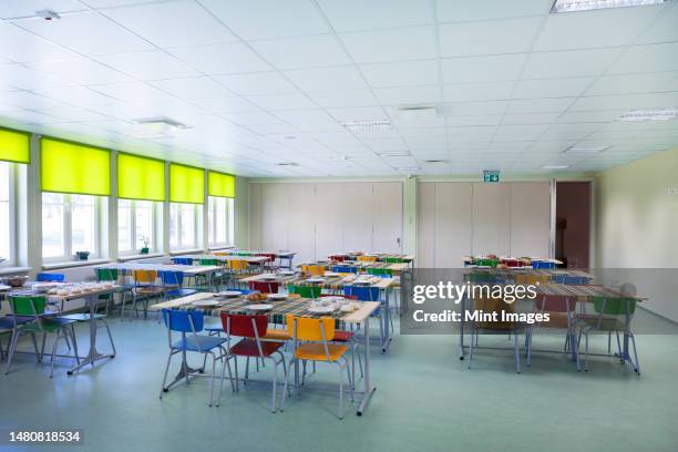 a rest room,canteen room,for lunch and recreation, tables with checked cloths and chairs - estonia school stock pictures, royalty-free photos & images