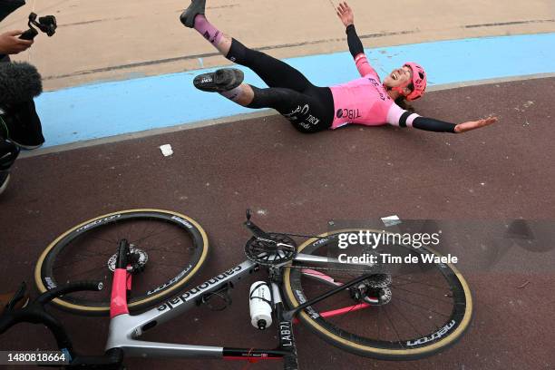 Race winner Alison Jackson of Canada and Team EF Education-Tibco-Svb reacts after the 3rd Paris-Roubaix Femmes 2023 a 145.4km one day race from...