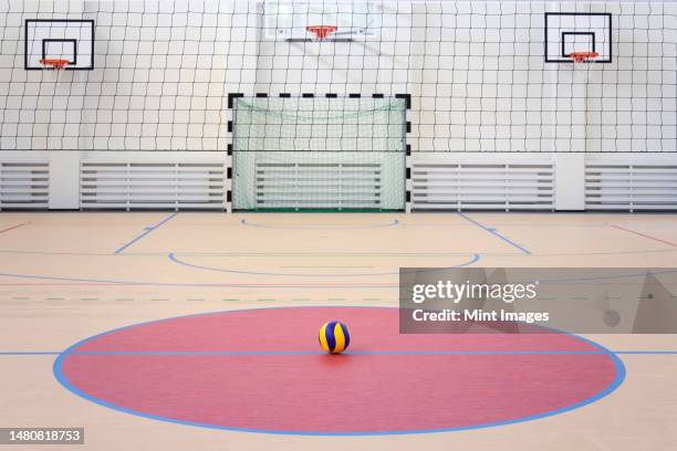 a school sports hall with a marked indoor football pitch, goal and basketball hoops, a striped blue and yellow ball in a pink circle - estonia school stock pictures, royalty-free photos & images