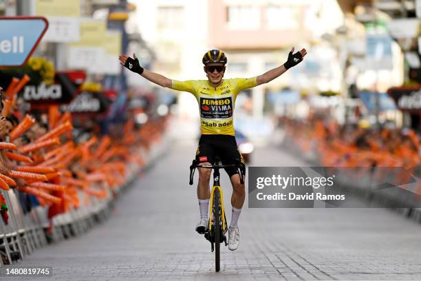 Jonas Vingegaard of Denmark and Team Jumbo – Visma - Yellow Leader Jersey celebrates at finish line as race winner during the 62nd Itzulia Basque...