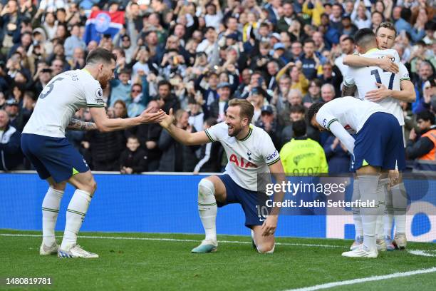 Harry Kane of Tottenham Hotspur celebrates after scoring the team's second goal during the Premier League match between Tottenham Hotspur and...