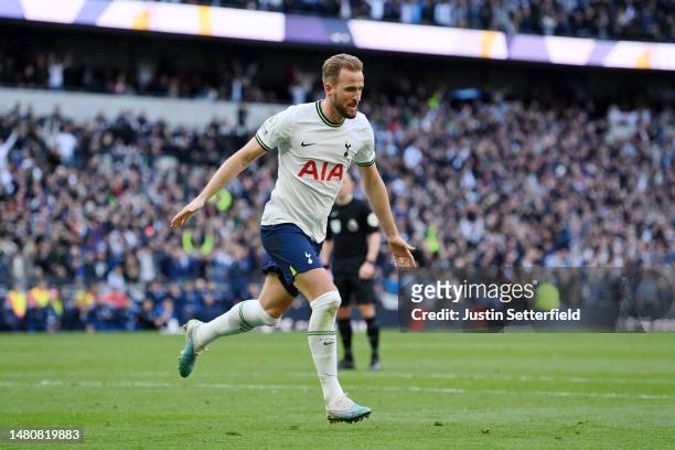 Harry Kane of Tottenham Hotspur celebrates after scoring the team's second goal during the Premier League match between Tottenham Hotspur and...