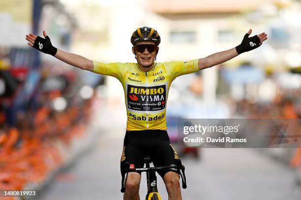 Jonas Vingegaard of Denmark and Team Jumbo – Visma - Yellow Leader Jersey celebrates at finish line as race winner during the 62nd Itzulia Basque...