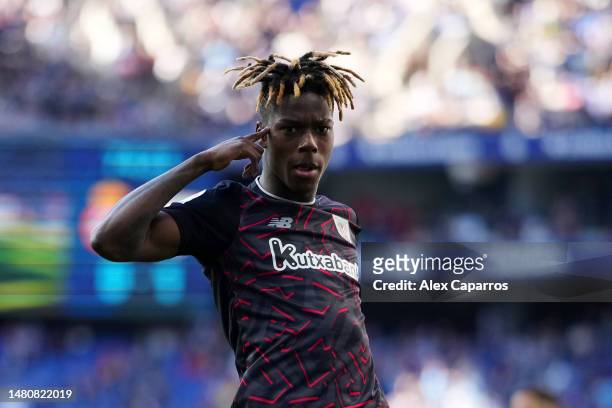 Nico Williams of Athletic Club celebrates after scoring the team's second goal during the LaLiga Santander match between RCD Espanyol and Athletic...