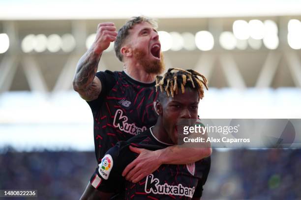 Nico Williams Jr of Athletic Club celebrates with his teammate Iker Muniain after scoring their team's second goal during the LaLiga Santander match...