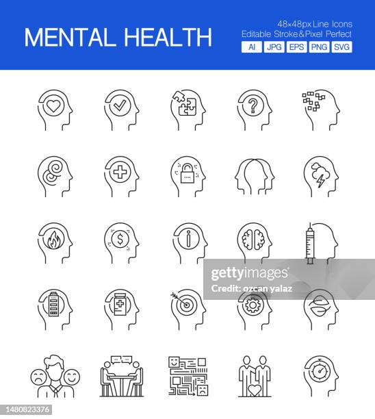 zeilensymbole für psychische gesundheit bearbeitbarer schlaganfall.  gesundheitswesen, medizin, krankenhausbett, krankenhaus, menschliches gehirn, krankheit, einsamkeit, psychisches wohlbefinden, psychotherapie, schizophrenie, - human nervous system stock-grafiken, -clipart, -cartoons und -symbole
