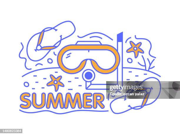 day at the beach. activities on the beach in summer. drinks, sand and shovel, slippers, snorkel, umbrella. modern illustration. - coconut balls stock illustrations