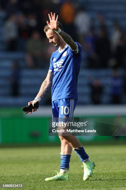 James Maddison of Leicester City looks dejected following the team's defeat during the Premier League match between Leicester City and AFC...