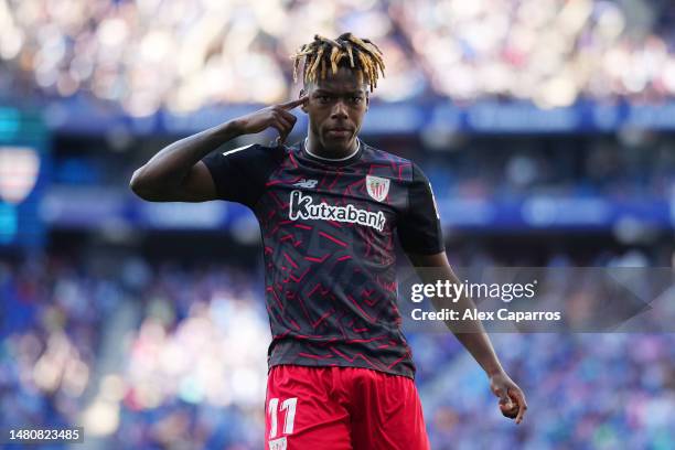 Nico Williams of Athletic Club celebrates after scoring the team's second goal during the LaLiga Santander match between RCD Espanyol and Athletic...