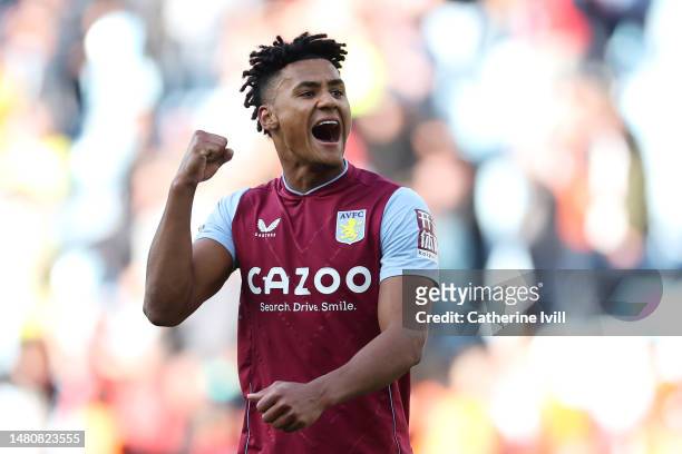 Ollie Watkins of Aston Villa celebrates after scoring their sides second goal during the Premier League match between Aston Villa and Nottingham...