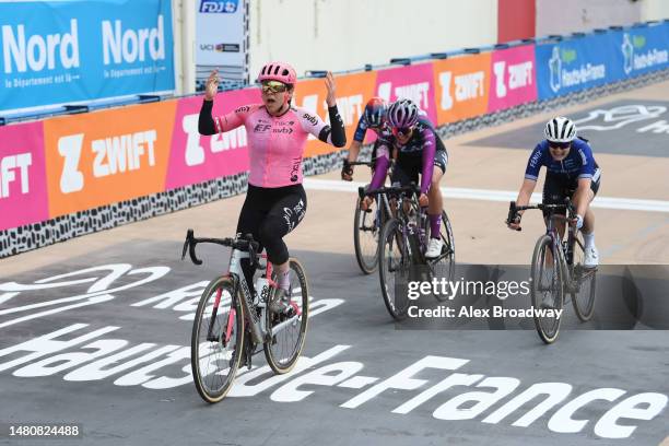 Alison Jackson of Canada and Team EF Education-Tibco-Svb celebrates as she crosses the finishline to win the 3rd Paris-Roubaix Femmes 2023 on April...