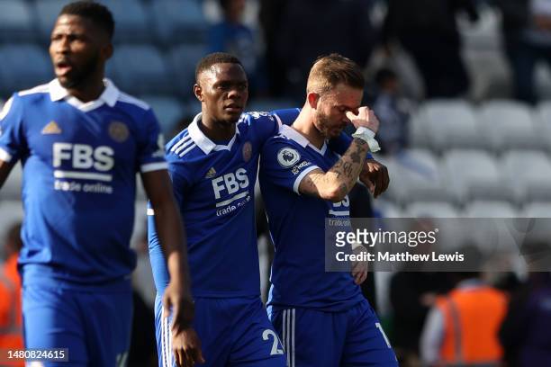 Patson Daka and James Maddison of Leicester City look dejected following the team's defeat during the Premier League match between Leicester City and...