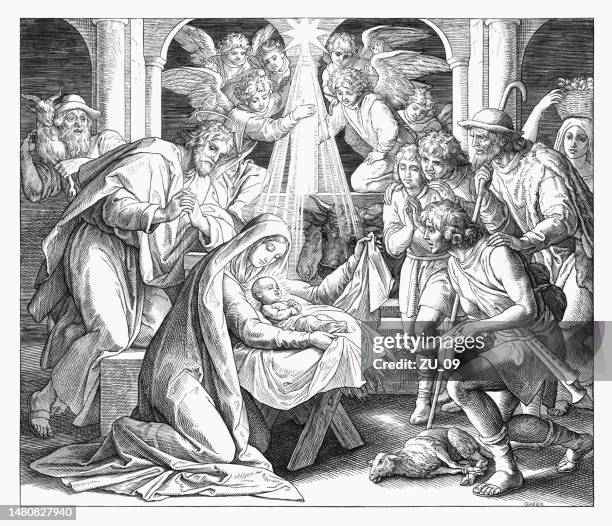 birth of christ (luke 2, 10-12), wood engraving, published 1860 - jesus shepherd stock illustrations
