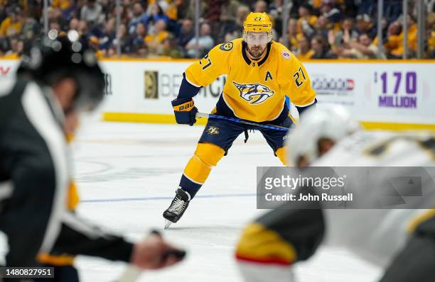 Ryan McDonagh of the Nashville Predators prepares for a face off against the Vegas Golden Knights during an NHL game at Bridgestone Arena on April 4,...