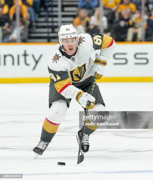 Jonathan Marchessault of the Vegas Golden Knights skates against the Nashville Predators during an NHL game at Bridgestone Arena on April 4, 2023 in...