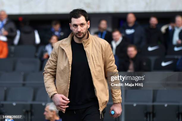 Sandro Schwarz, Head Coach of Hertha BSC, looks on prior to the Bundesliga match between Hertha BSC and RB Leipzig at Olympiastadion on April 08,...