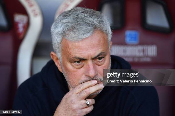 Jose Mourinho, Head Coach of AS Roma, looks on during the Serie A match between Torino FC and AS Roma at Stadio Olimpico di Torino on April 08, 2023...