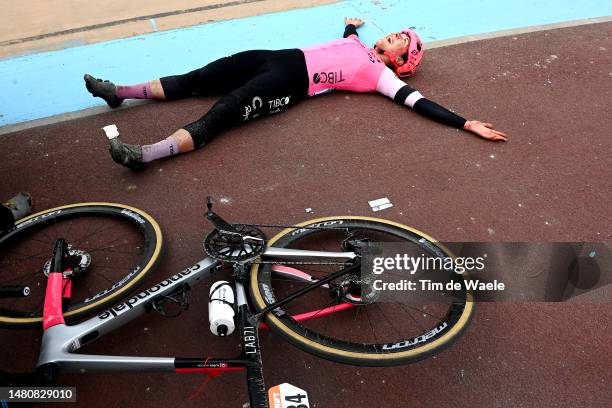 Race winner Alison Jackson of Canada and Team EF Education-Tibco-Svb reacts after the 3rd Paris-Roubaix Femmes 2023 a 145.4km one day race from...