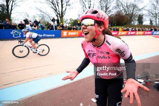 Race winner Alison Jackson of Canada and Team EF Education-Tibco-Svb reacts after the 3rd Paris-Roubaix Femmes 2023 a 145.4km one day race from...