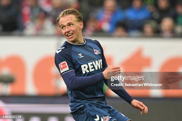 Mathias Flaga Olesen of 1.FC Köln looks on during the Bundesliga match between FC Augsburg and 1. FC Köln at WWK-Arena on April 08, 2023 in Augsburg,...