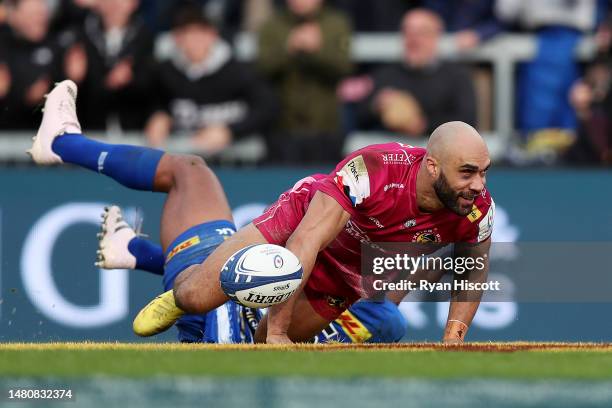 Olly Woodburn of Exeter Chiefs celebrates scoring the team's third try during the Heineken Champions Cup Quarter Finals match between Exeter Chiefs...